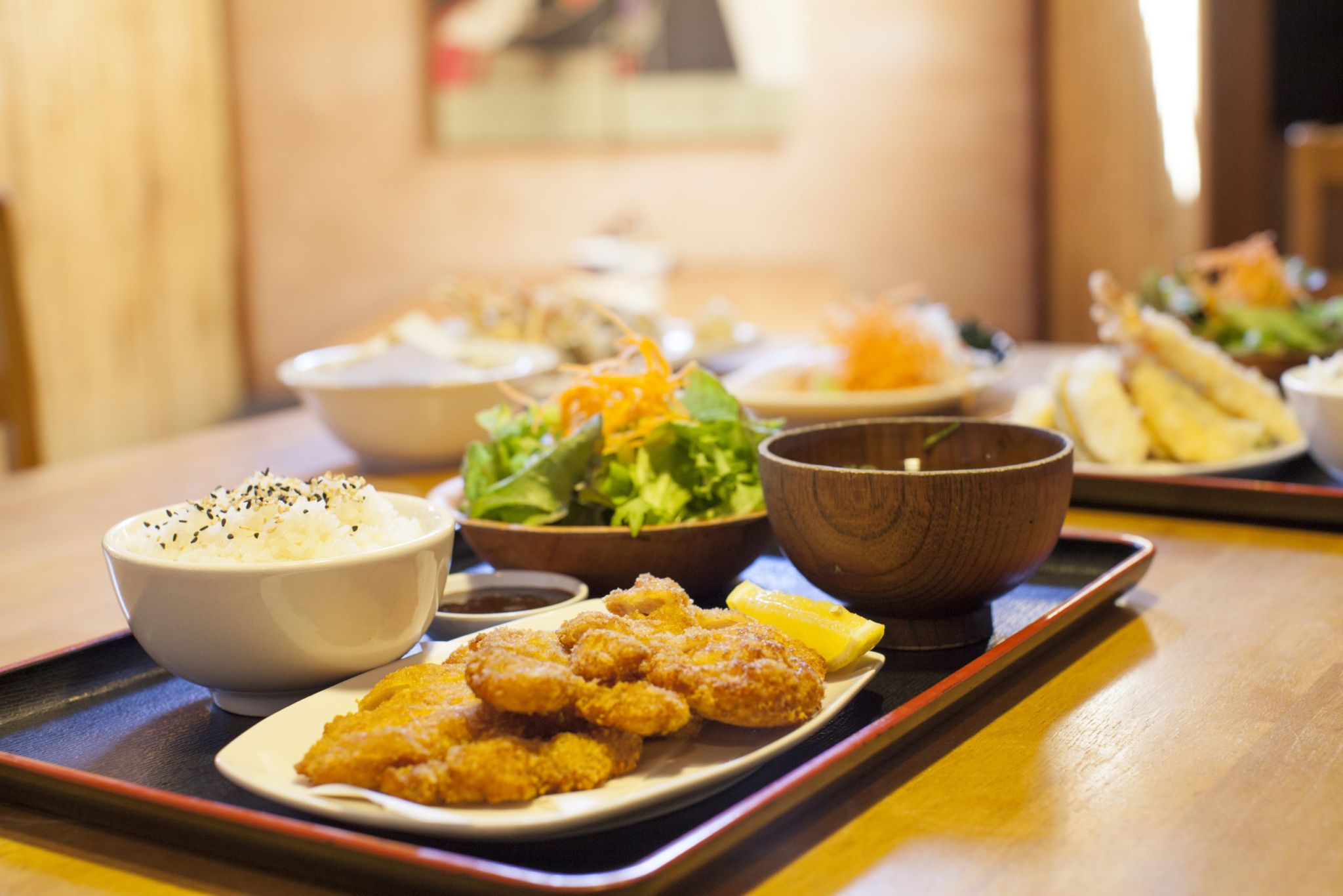 A table of sushi, gyoza and tempura at Banzai, Lismore